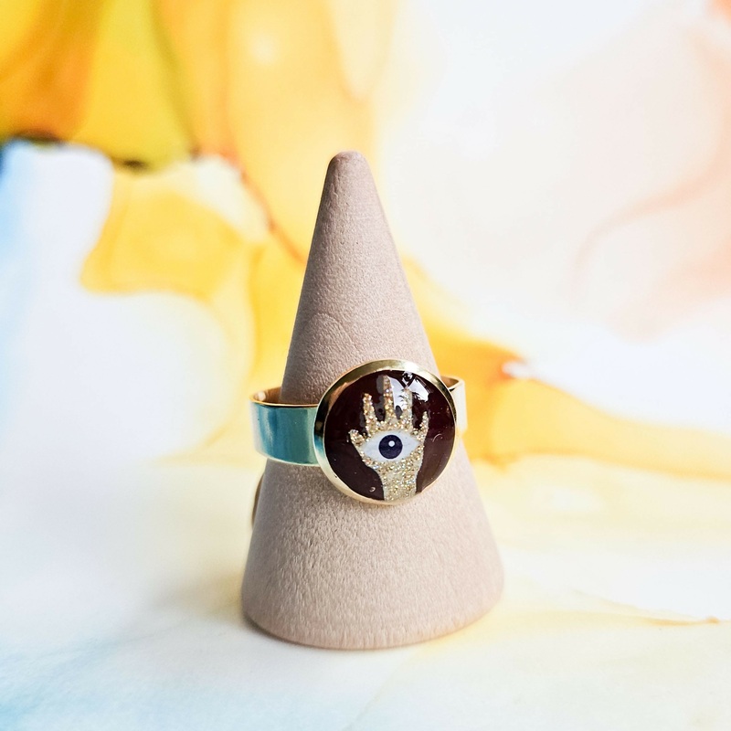 Handmade Burgundy And Gold Hand Resin And Stainless Steel Ring