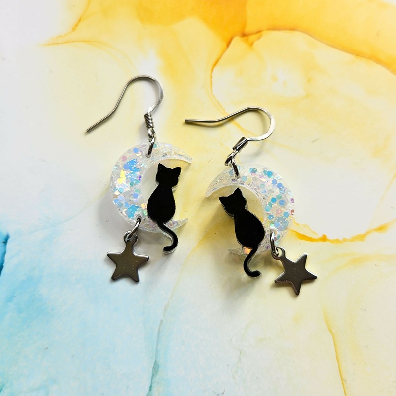 Handmade Cat On The Moon Resin Earrings