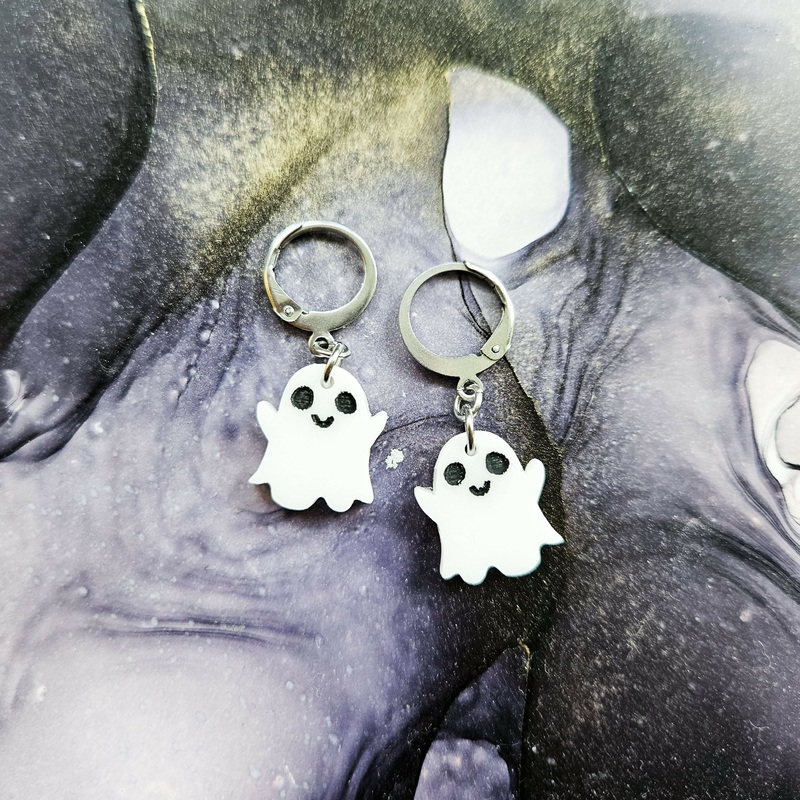 Handmade Cute Resin Ghosts On Huggie Hoops