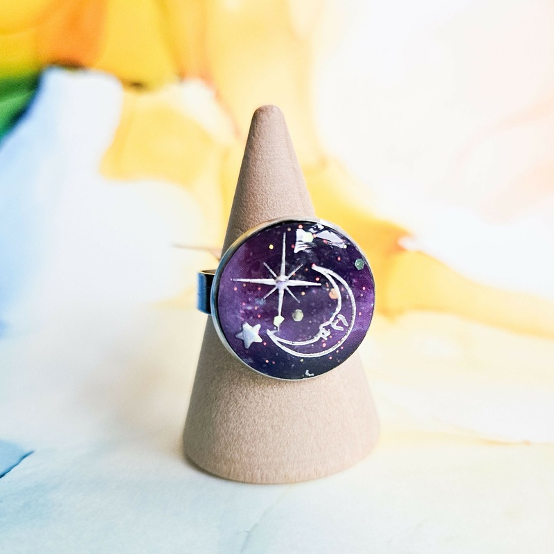 Handmade Galaxy Moon And Stars Resin And Stainless Steel Ring