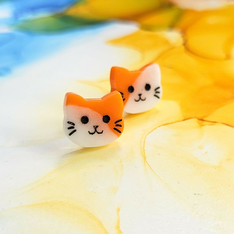 Handmade Ginger Cat Resin Stud Earrings