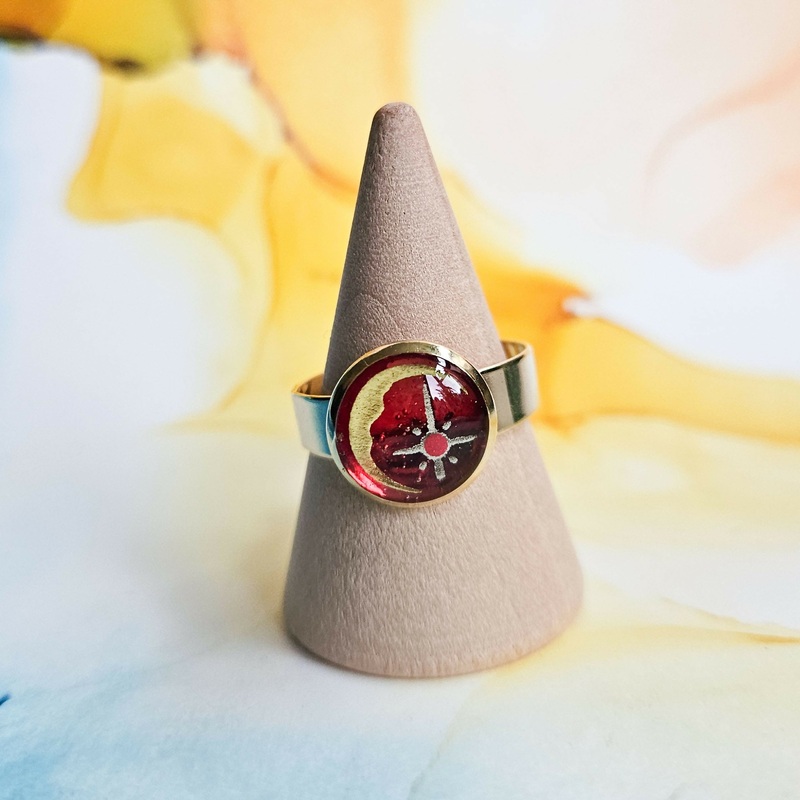 Handmade Red And Gold Moon And Star Resin And Stainless Steel Ring