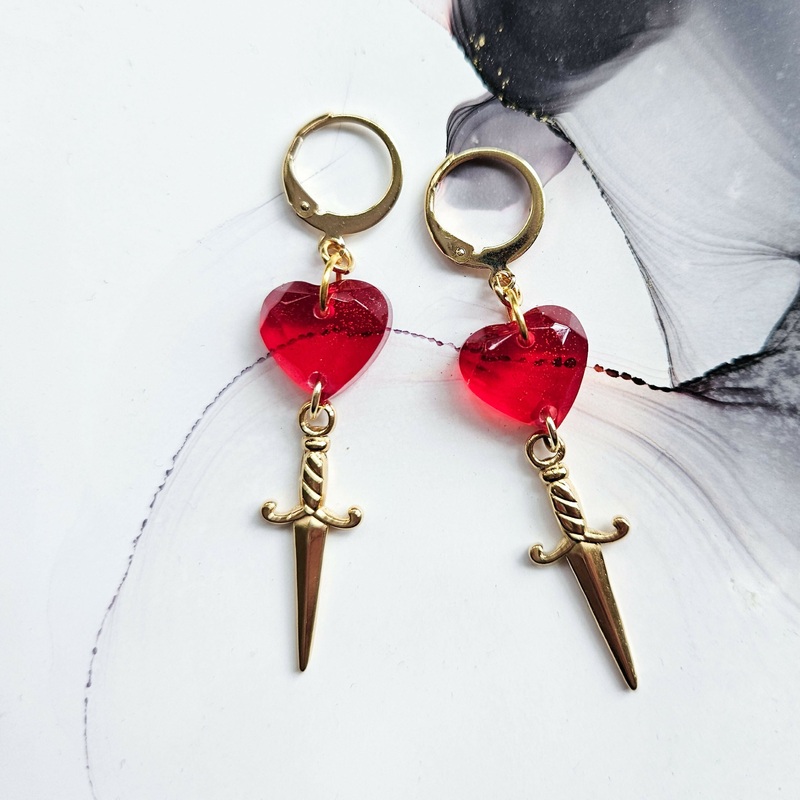 Handmade Resin Red Heart and Golden Dagger Charms On Huggie Hoops
