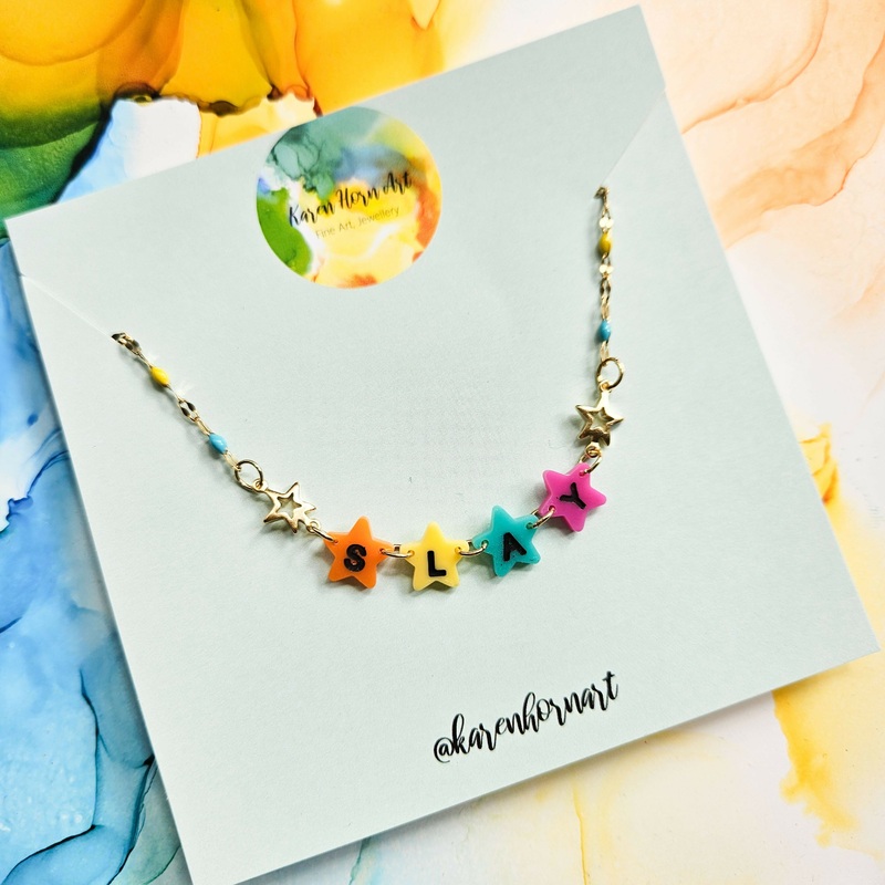 Handmade Slay Rainbow Resin Stars Necklace