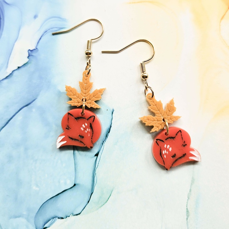 Handmade Sleeping Foxes And Leaves Resin Earrings