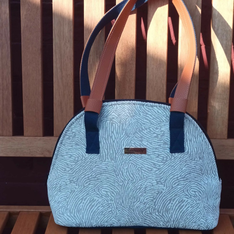 Handmade Textile Bag White/Beige with Blue & Brown Leather Handles