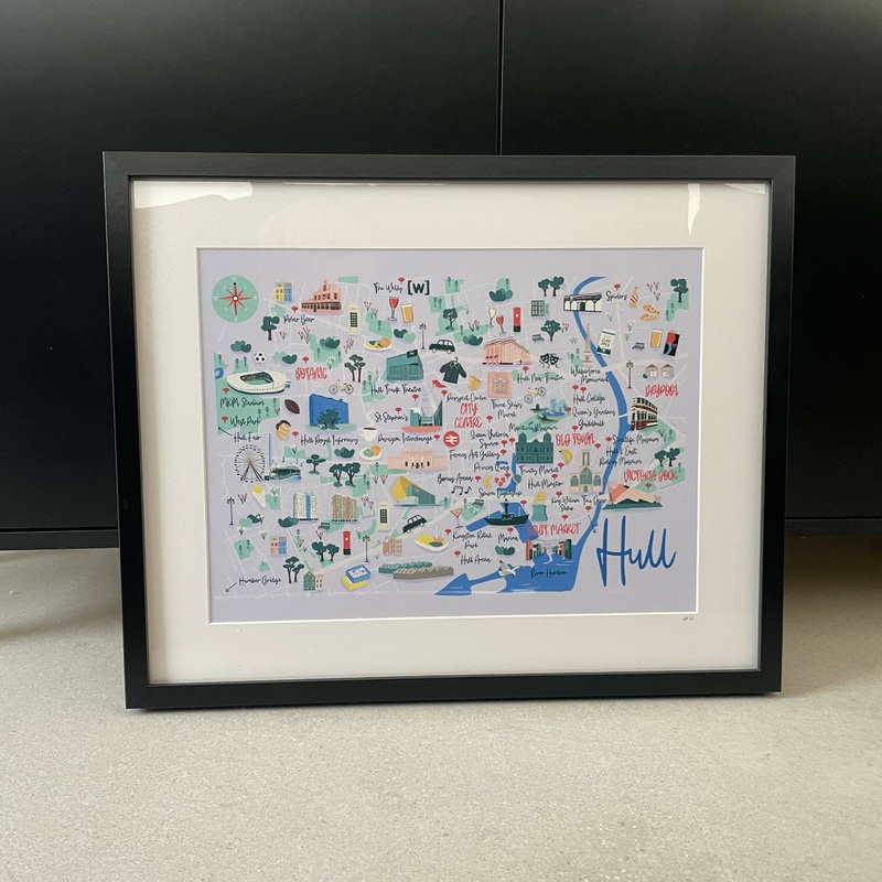 A3 Black Framed Hull Map Art Print