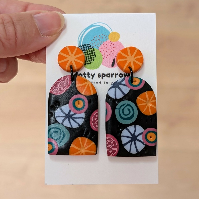 Black With Multicoloured Abstract Shapes Large Arch Drop Dangle Handmade Polymer Clay Earrings