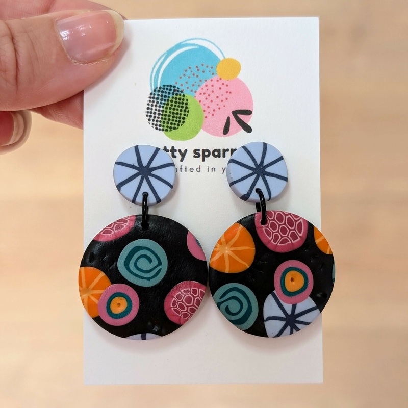 Black With Multicoloured Abstract Shapes Large Circle Drop Dangle Handmade Polymer Clay Earrings