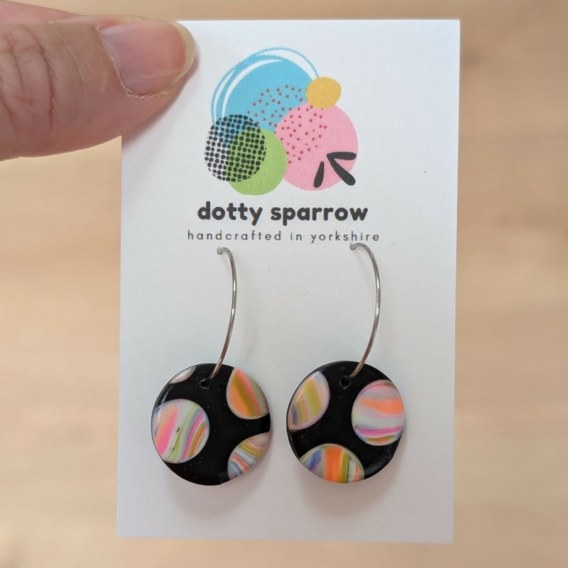 Black With Neon Marbles Circle Hoop Handmade Polymer Clay Earrings