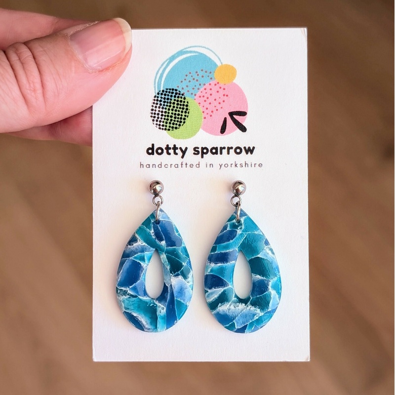 Blue Green & White Faux Stone Cutout Teardrop Stud Dangle Handmade Polymer Clay Earrings