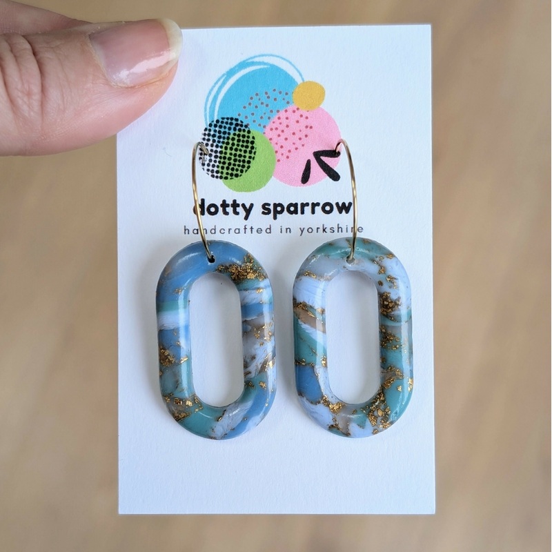 Blues, Greens and Gold Faux Stone Oval Cutout Hoop Dangle Handmade Polymer Clay Earrings