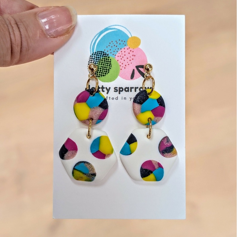 Circle & Hexagon White, Pink, Turquoise, Yellow Drop Dangle Handmade Polymer Clay Earrings