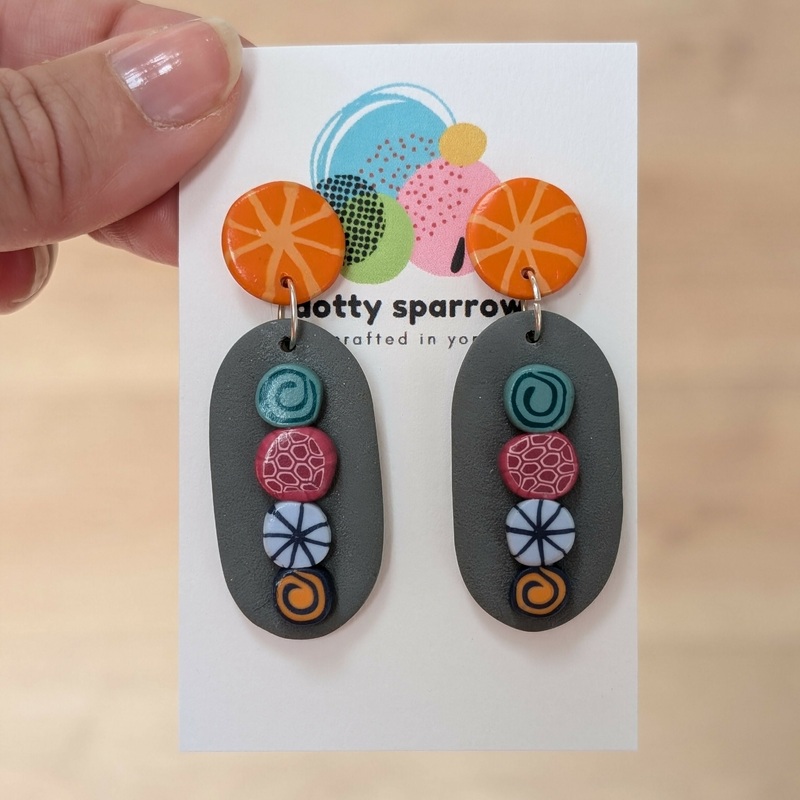 Grey With Multicoloured Abstract Shapes Oval Drop Dangle Handmade Polymer Clay Earrings