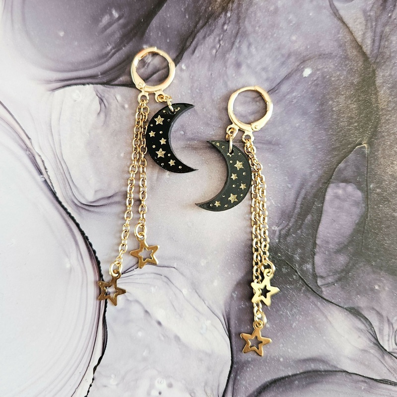 Handmade Resin Moon And Stars Huggie Hoops Earrings