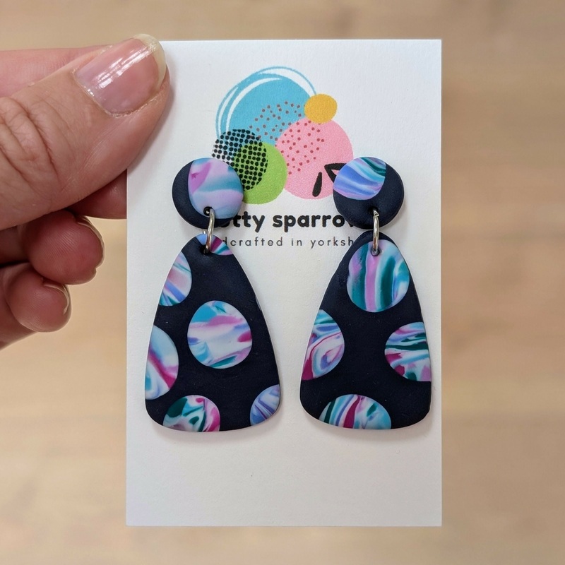 Navy with Blue, Green & Purple Marbles Large Drop Dangle Handmade Polymer Clay Earrings