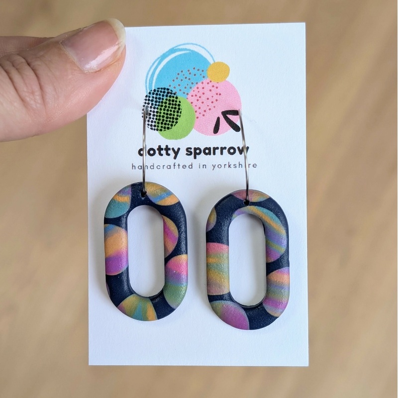 Navy with Pastel Coloured Marbles Oval Cutout Hoop Dangle Handmade Polymer Clay Earrings