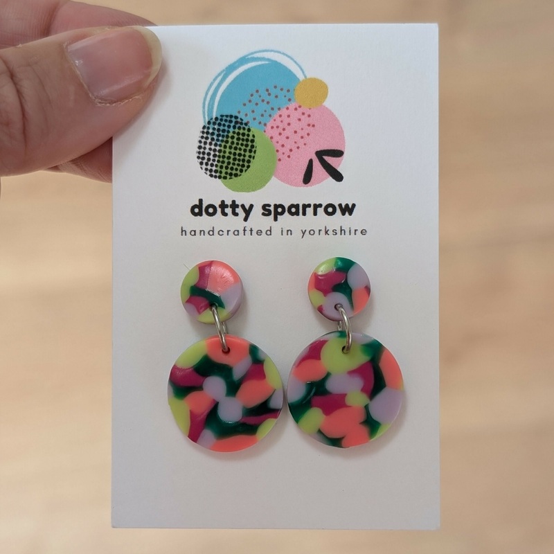 Neon Yellow, Orange, Green, Lilac & Magenta Mosaic Drop Dangle Handmade Polymer Clay Earrings