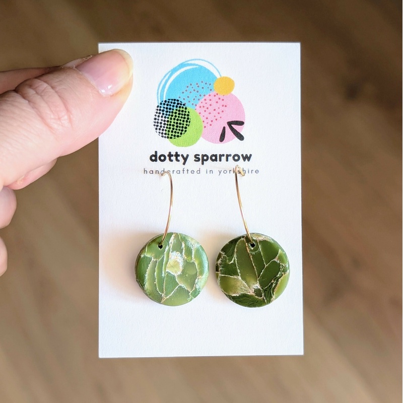 Olive Green & Gold Faux Stone Circle Hoop Handmade Polymer Clay Earrings
