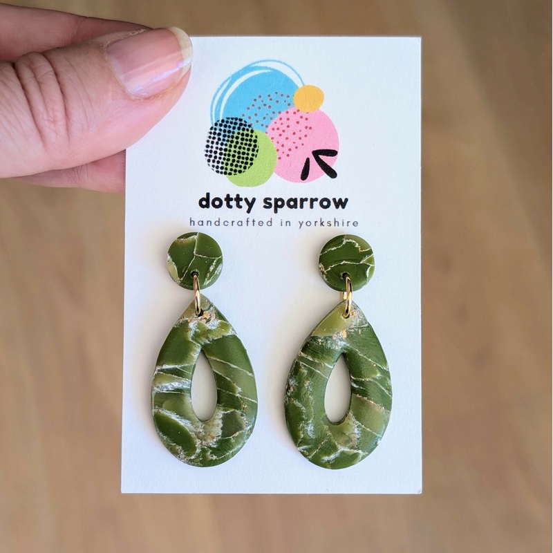 Olive Green & Gold Faux Stone Cutout Teardrop Drop Dangle Handmade Polymer Clay Earrings