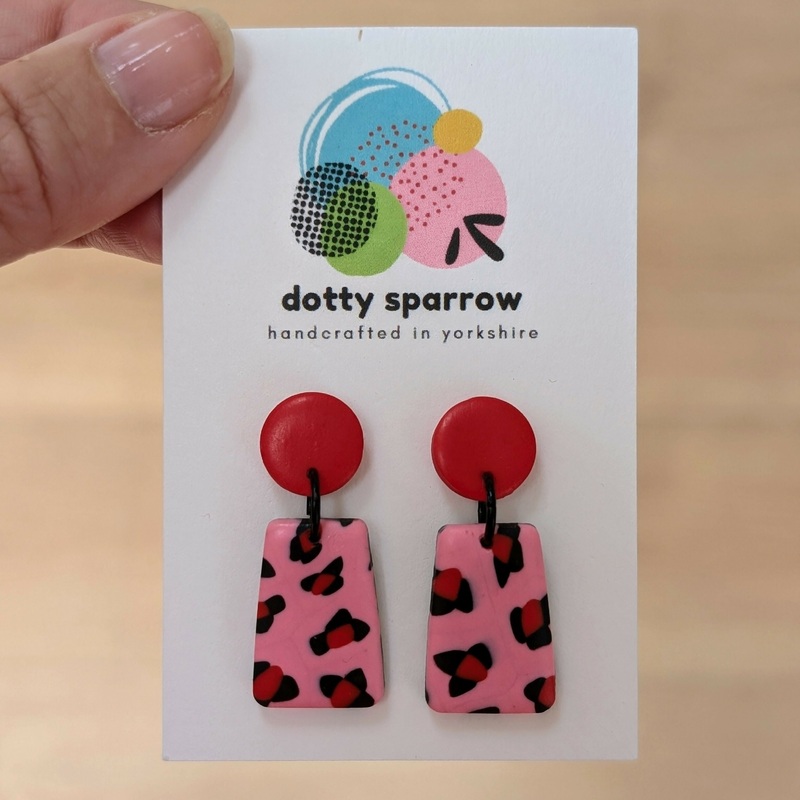 Pink & Red Leopard Drop Dangle Handmade Polymer Clay Earrings