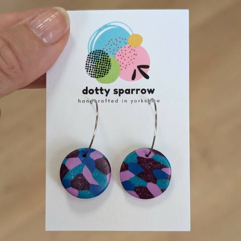 Purple & Blue Mosaic Circle Hoop Handmade Polymer Clay Earrings