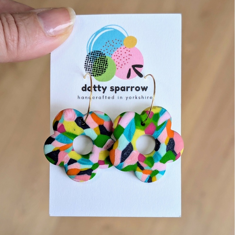 Rainbow Mosaic Flower Hoop Handmade Polymer Clay Earrings