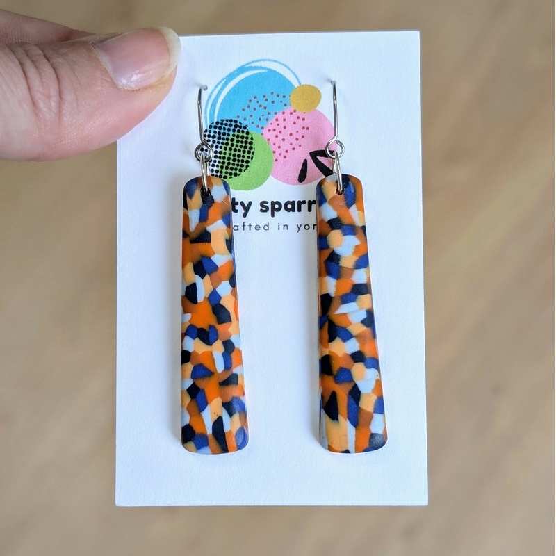Shades of Blue & Orange Mosaic Slim Hook Dangle Handmade Polymer Clay Earrings