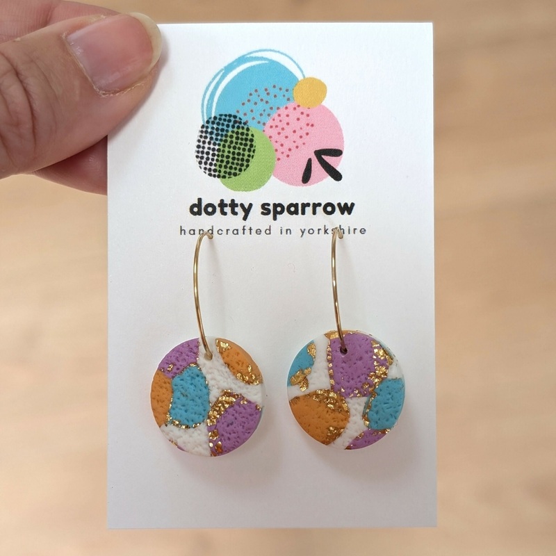 Turqouise, Lilac, Orange, White & Gold Mosaic Textured Circle Hoop Handmade Polymer Clay Earrings