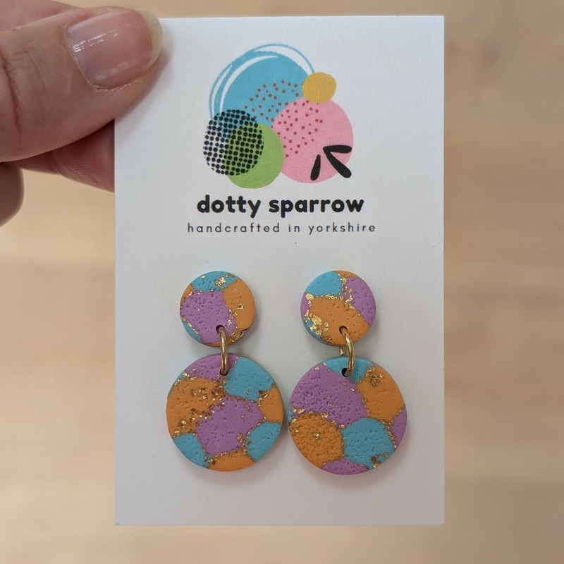 Turquoise, Orange, Lilac & Gold Drop Dangle Handmade Polymer Clay Earrings