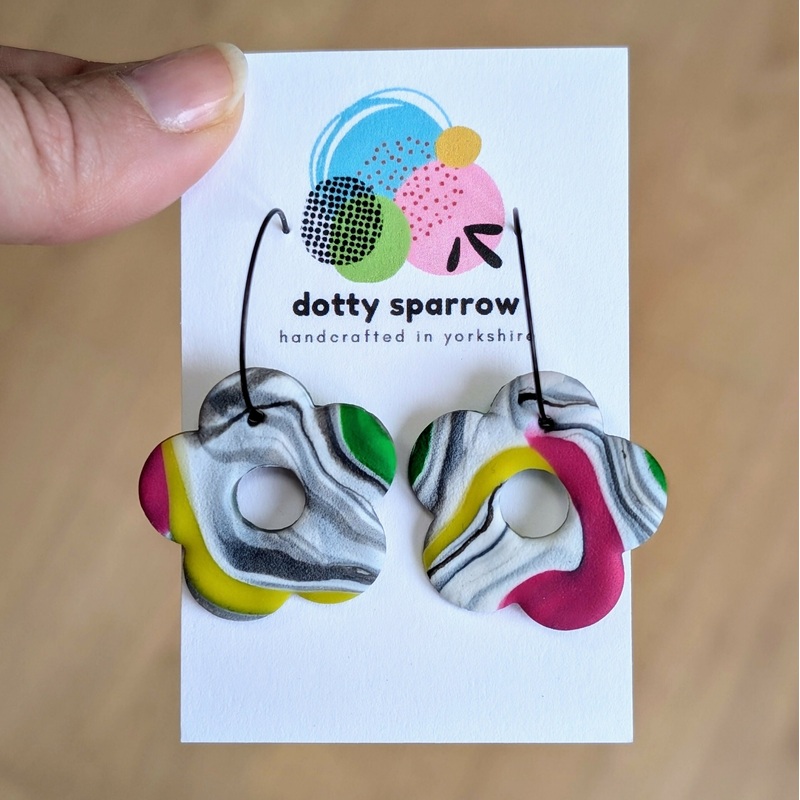 White, Black, Yellow & Green Abstract Swirl Flower Hoop Handmade Polymer Clay Earrings