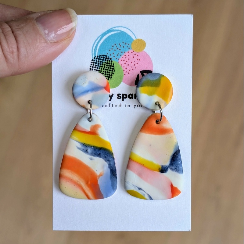 White, Blue, Orange & Yellow Abstract Large Drop Dangle Handmade Polymer Clay Earrings