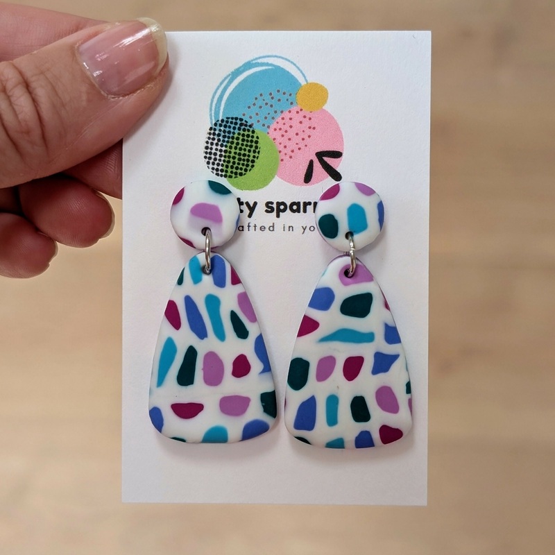 White, Blues, Purples & Greens Mosaic Large Drop Dangle Handmade Polymer Clay Earrings