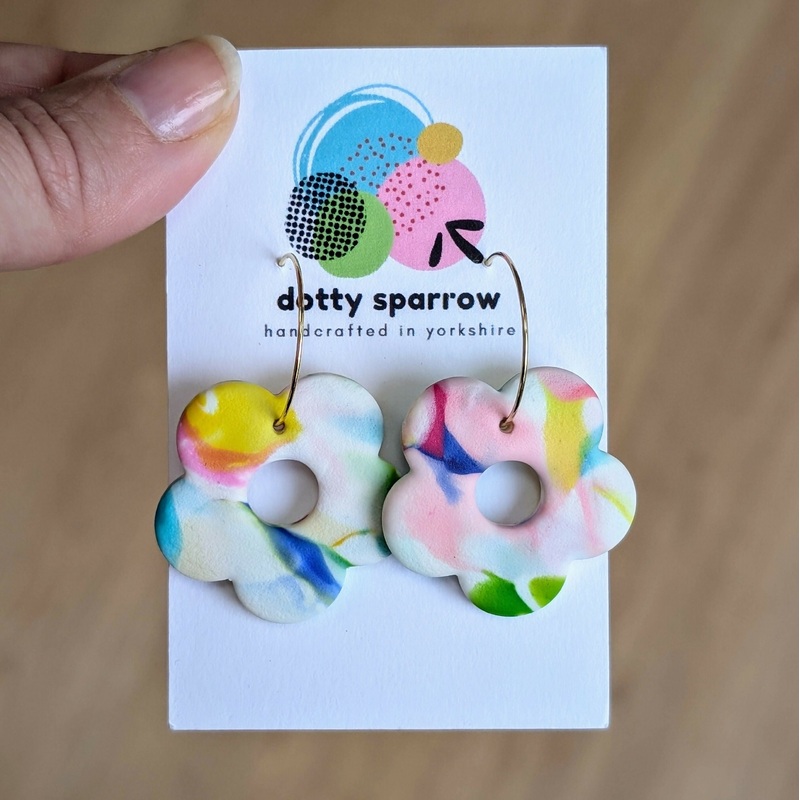 White & Multicoloured Abstract Flower Hoop Handmade Polymer Clay Earrings