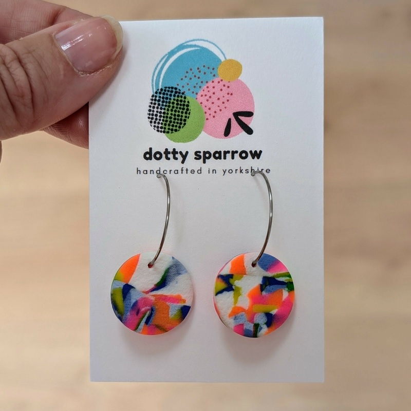 White & Neon Abstract Textured Circle Hoop Handmade Polymer Clay Earrings