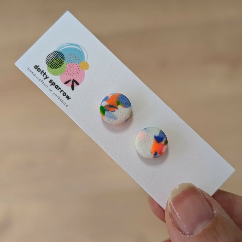 White & Neon Shades Abstract Handmade Polymer Clay Stud Earrings