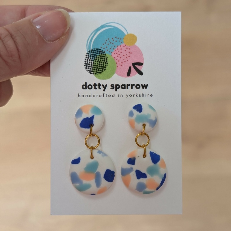 White, Peach & Blues Terrazzo Drop Dangle Handmade Polymer Clay Earrings