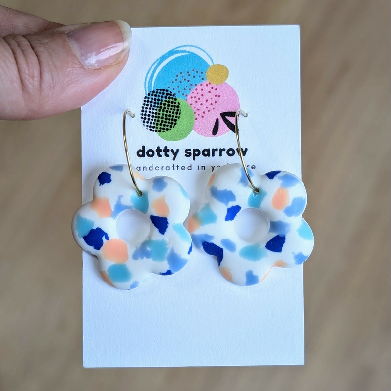 White, Peach & Blues Terrazzo Flower Hoop Handmade Polymer Clay Earrings
