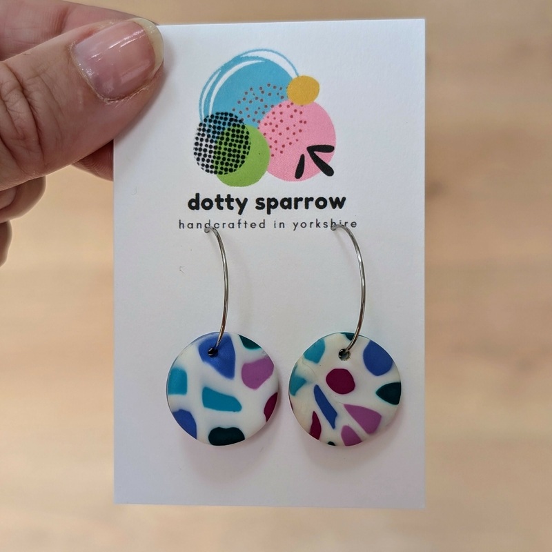 White, Purples & Blues Mosaic Circle Hoop Handmade Polymer Clay Earrings