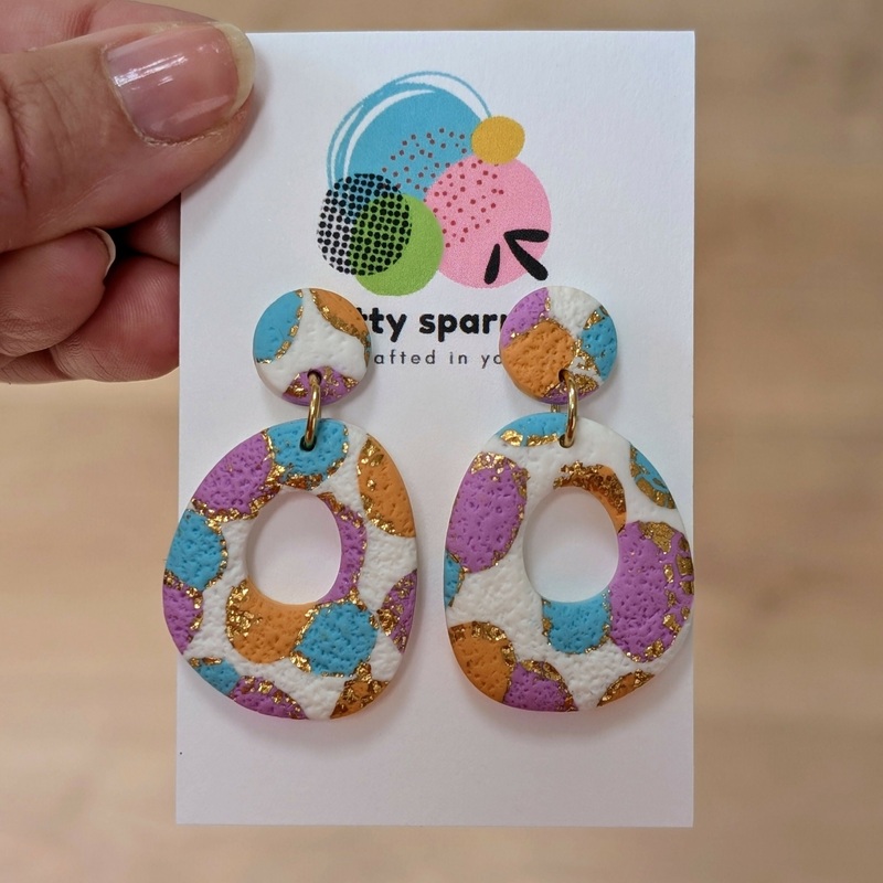 White, Turquiose, Lilac, Orange & Gold Textured Large Drop Dangle Handmade Polymer Clay Earrings