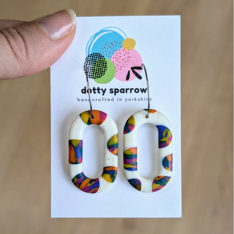 White with Multicoloured Marbles Oval Cutout Hoop Dangle Handmade Polymer Clay Earrings