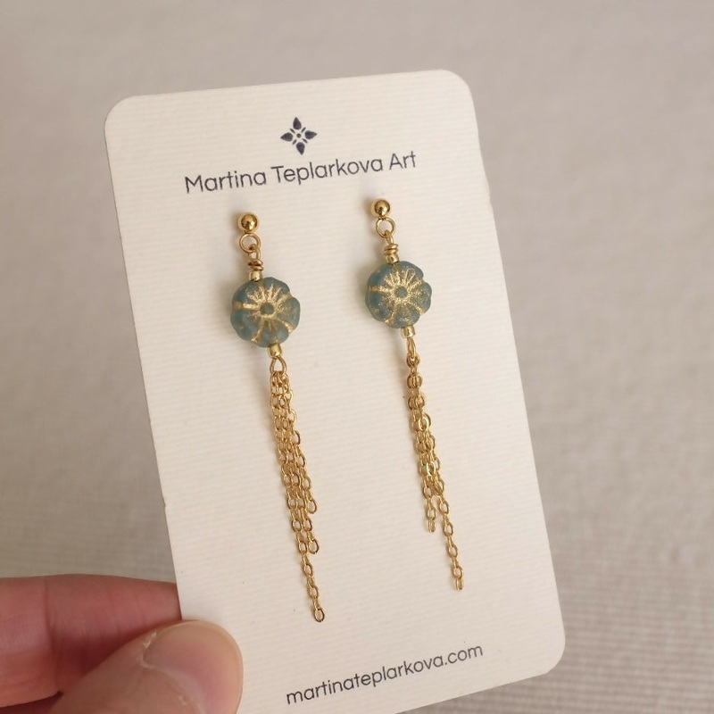 Teal Flower Chain Earrings