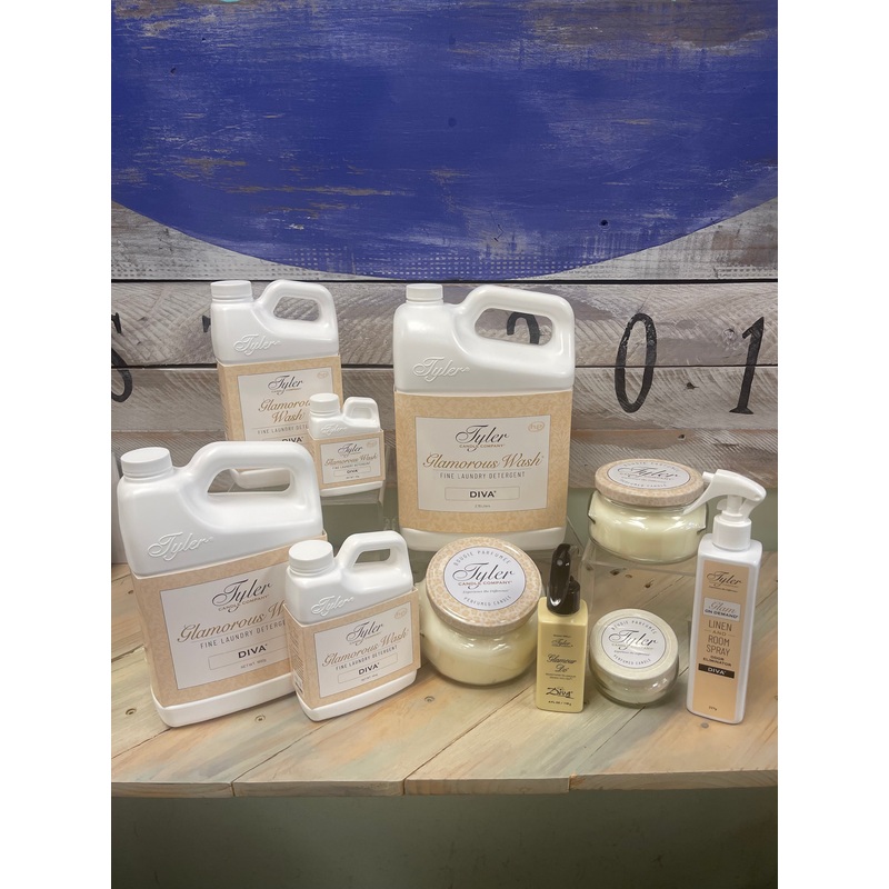 Tyler Home in Diva|3.4 oz Candle|11 oz Candle|22 oz Candle|Boxed Votive|Mixer Melts|Glamorous Wash Laundry Detergent -4 oz/112 grams|Glamorous Wash Laundry Detergent -16 oz/454 grams|Glamorous Wash Laundry Detergent -32 oz/907 grams|Glamorous Wash Laundry