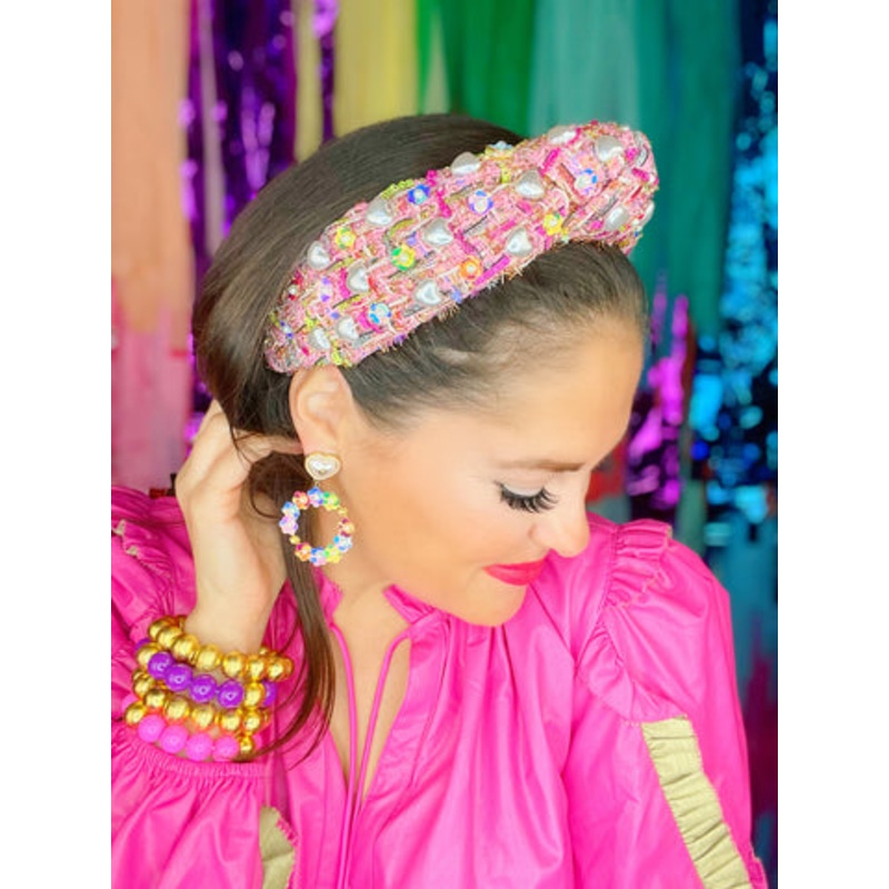 Pink Tweed Headband w/ Hearts & Flowers