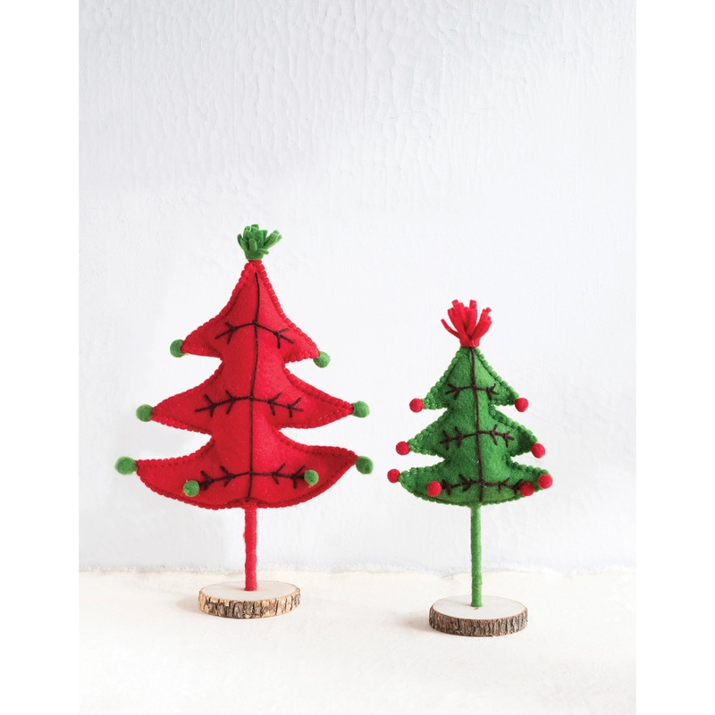 Wool Felt Trees w/ Pom Poms|Green|Red