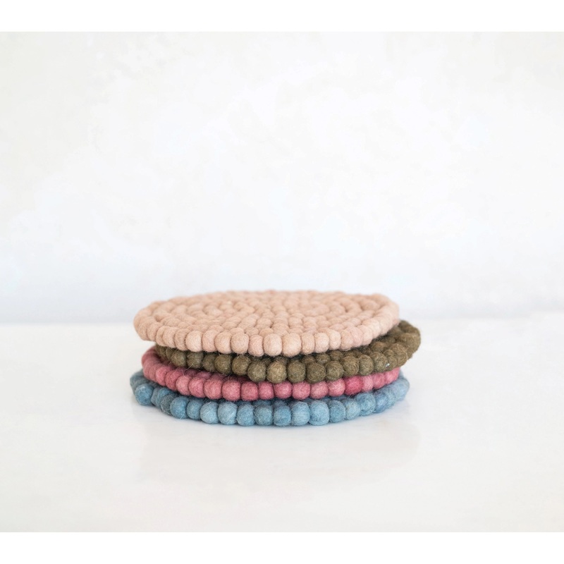 Wool Felt Ball Trivets|Rose|Blue|Sage|Natural