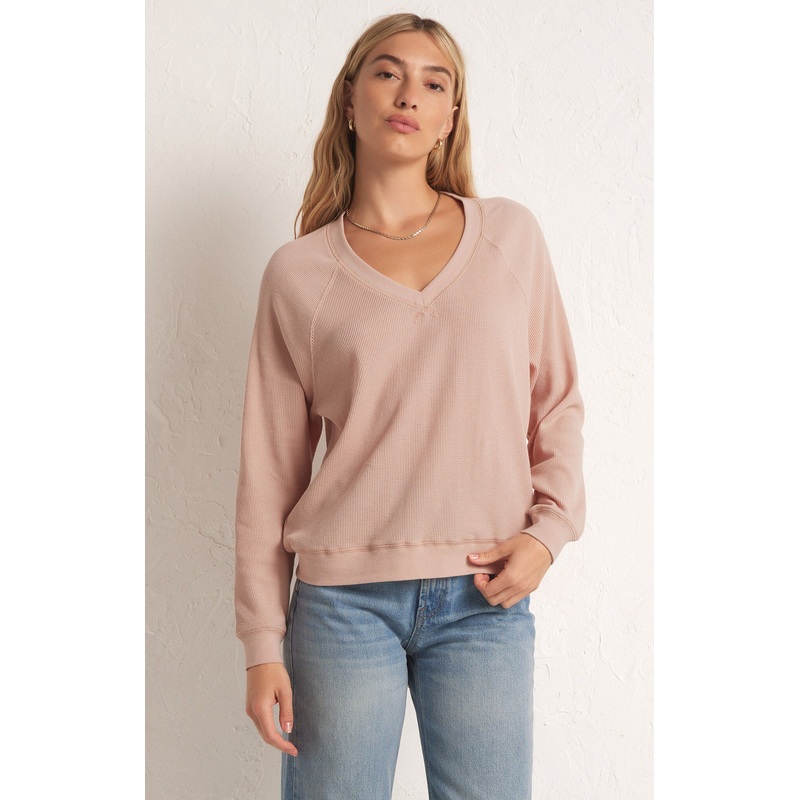 Z Supply Arlo V-Neck Waffle Top -Soft Pink