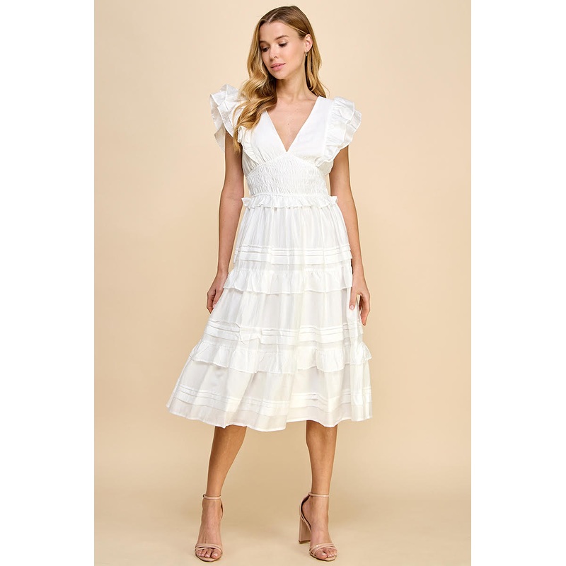 White V Neck Tiered Dress|Small|Medium|Large