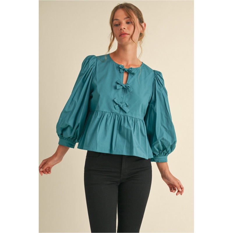 Jod Bow Tie Peplum Top -Teal|Sm|Med|Lg|XL