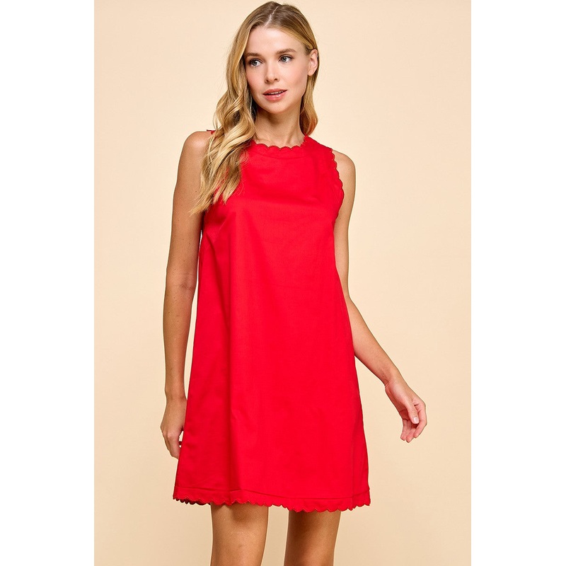 Red Scalloped Detail Round Neckline Dress